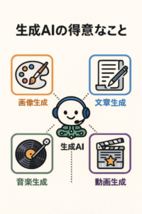 ChatGPTが作成した生成AIができる得意なことを表したイラスト。